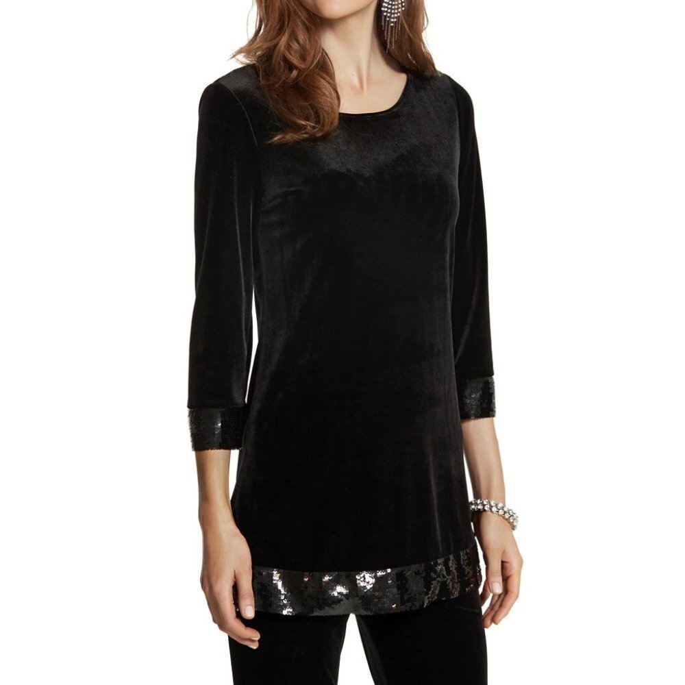 Chico's Travelers Collection Black Velvet Sequin Hem Tunic Size 1 (Medium) NWT